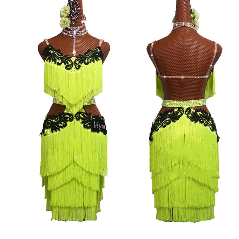 Сексуальное платье для латинских танцев, женское платье для танцев, флуоресцентная желтая юбка с бахромой, сексуальное платье для выступлений, одежда для латинских танцев, BL3004