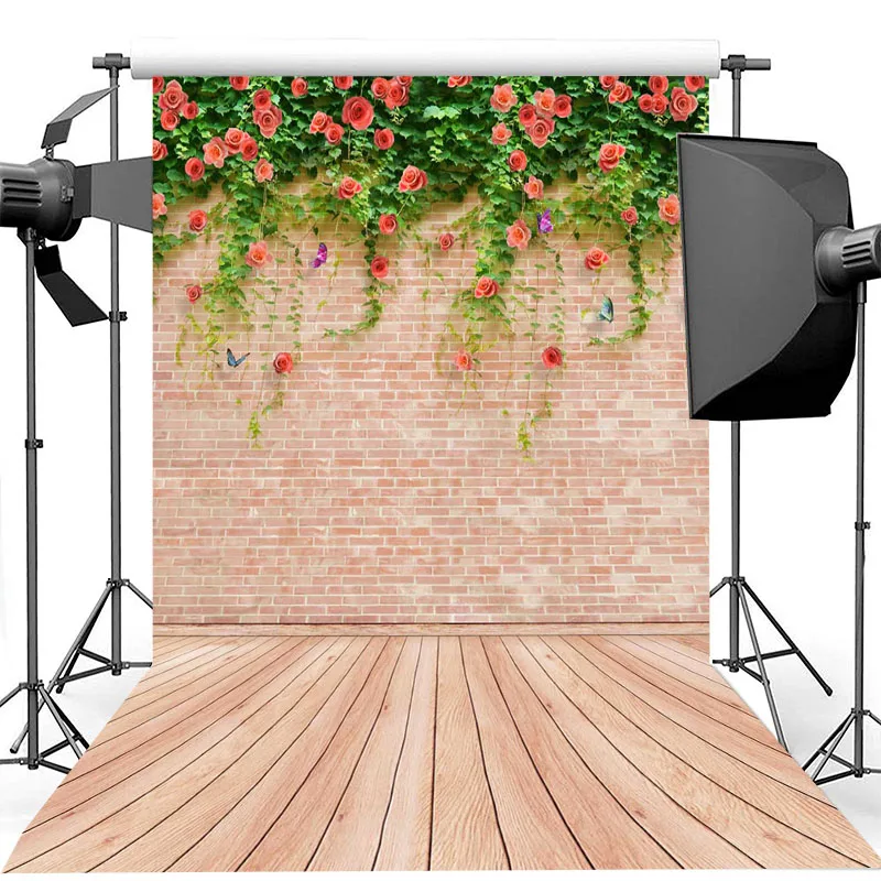 

Red Rose Flower Brick Wall Wooden Floor Photography Backdrops for Wedding Bridal Shower Birthday Backgrounds for Photo Studio