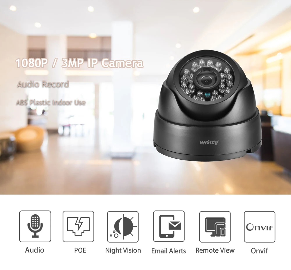 AZISHN H.265, 3MP, 1080 P, IP камера, аудио запись, купольная, для помещений, обнаружение движения, ONVIF, CCTV, камера видеонаблюдения, 48 В, PoE, опционально