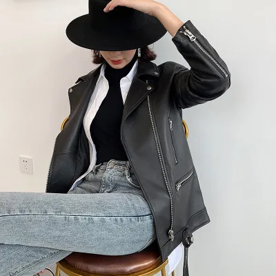 MESHARE Genuine Sheep Leather Jacket Women New Mid-Length Loose Motorcycle Real Leather Jacket R15