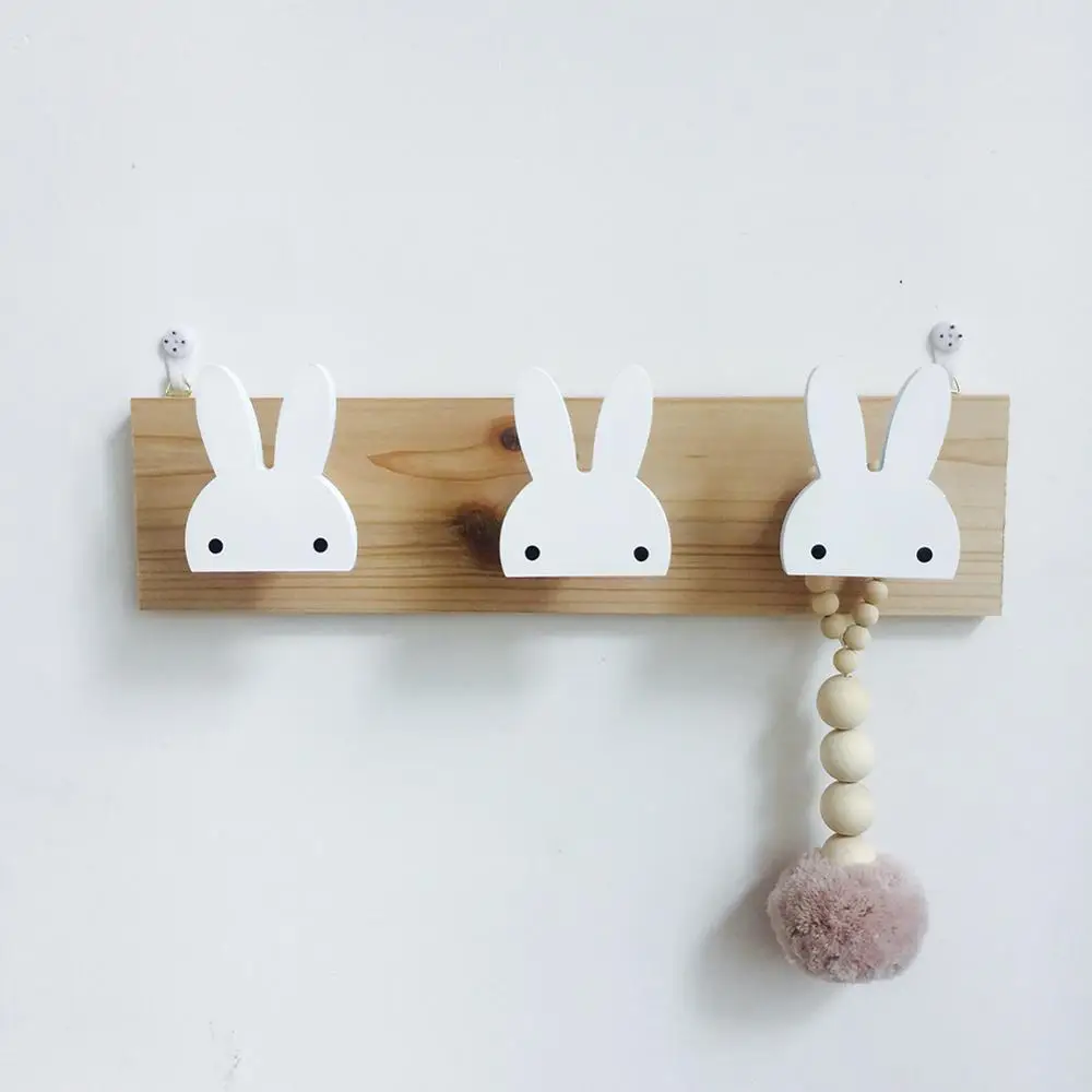 Cute Rabbit Star Row Shape 3 Hooks Wooden Wall-Mounted Hanger Kid's Personality Cartoon Living Clothing Decoration | Дом и сад