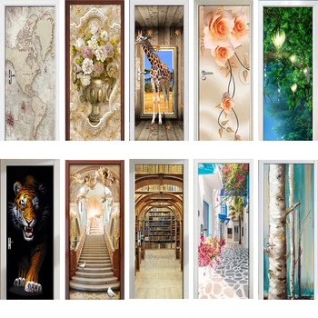

3D Door Sticker DIY Home Decor Flower Tree Tiger Print Art Picture Decals Self Adhesive Wallpaper Waterproof Mural Renovation