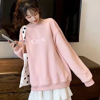 

Winter Embroidery Plus Size Sweatshirt For Women O-neck Long Sleeve Thick Letter All-match Solid Color Sweatshirt