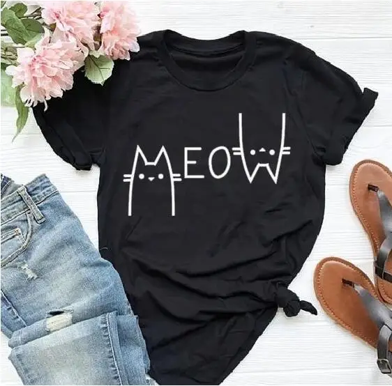 Футболка &quotMEOW&quot Женская забавная футболка с изображением топы из 100% хлопка