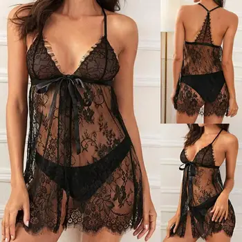 

Women Plus Size V-Neck Backless Halter Nightdress Lingerie Set Underwear S-3XL Adjusted-straps Solid Lace Women Underwear