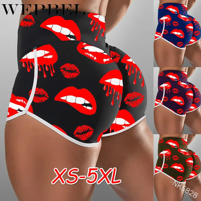 

WEPBEL Shorts Sexy Lip Printed Elastic Waist Shorts Women's Fashion High Waist Casual Skinny Shorts