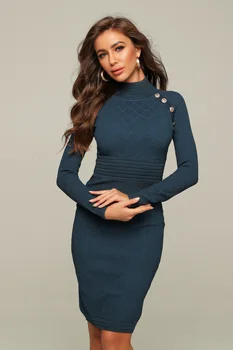 

2020 Fahion Female Elegant Designer Bodycon Club Dress Women Winter Long Sleeve High Neck Button Blue Cotton Bandage Dress