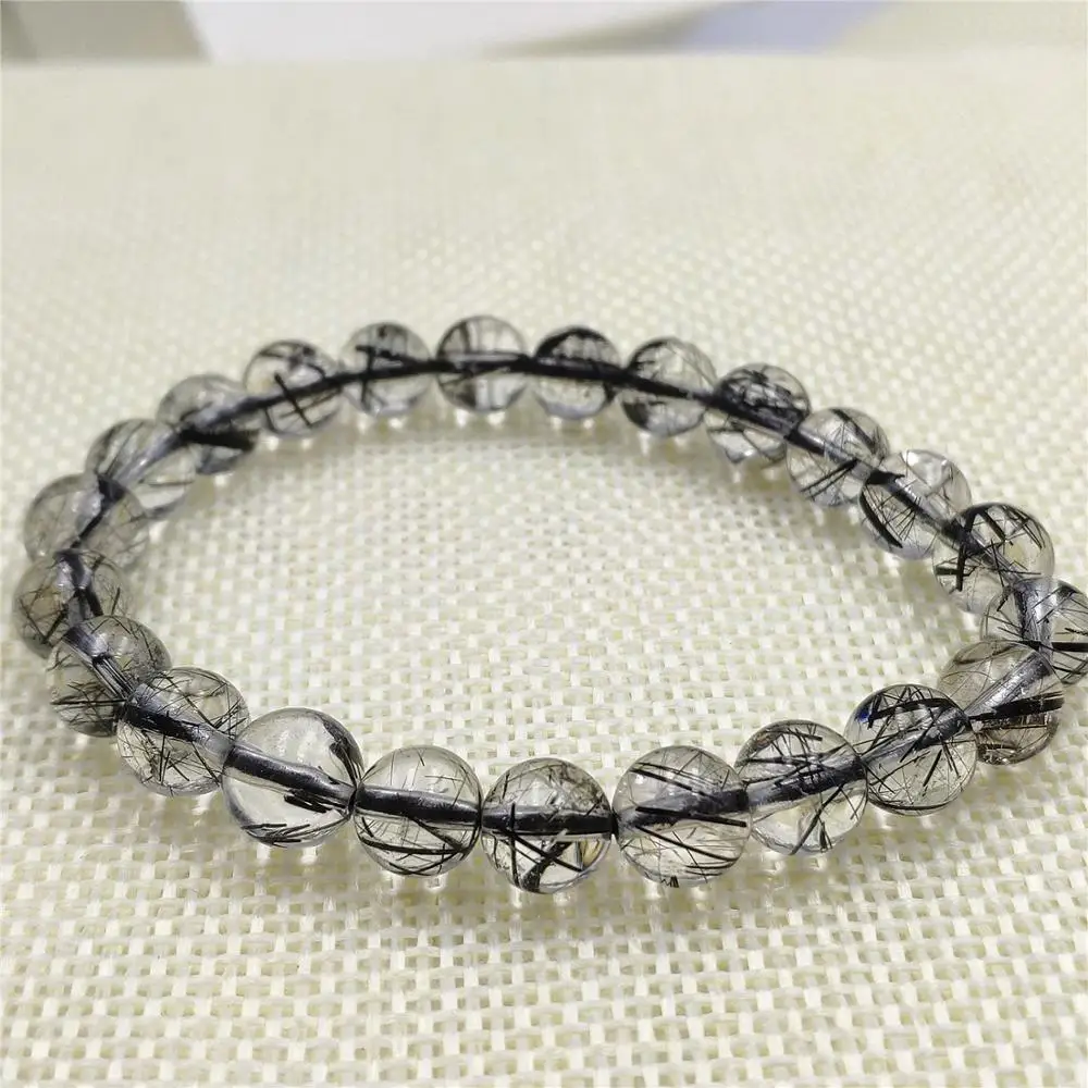 Natural Black Rutilated Quartz Crystal Clear Round Beads Bracelet 7.5mm Wealthy Stone Women Men From Brazil AAAAAA