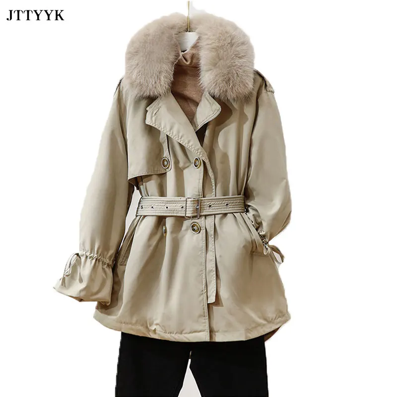 

Winter 2020 Parker Down Jacket Women's Mid-length Waisted Parkers Detachable Windbreaker Coat Womens Hooded Fox Fur Collar Parka