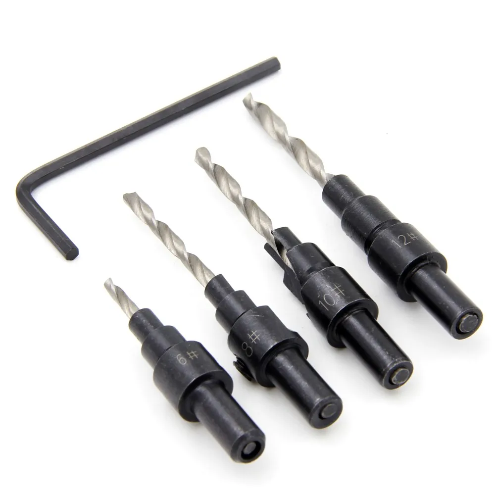 4pcs/set Quick Change Hex Shank Tapered And Hardened Countersink Drill Cone Bit Set Hole Saw Woodworking Tools + Small wrench |
