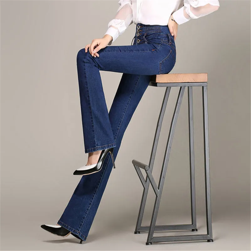 Винтажные джинсы с высокой талией, женские расклешенные джинсы, женские элегантные обтягивающие джинсы с пуговицами, Стрейчевые джинсовые штаны размера плюс 33 DS50995 - Цвет: show as picture 5