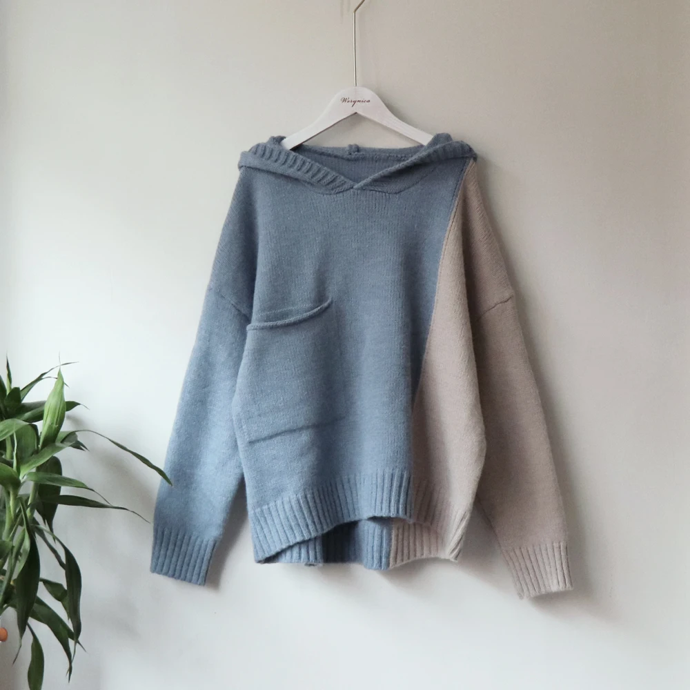 

Werynica Sweater Women Autumn Winter Long Sleeve Hooded Sweater 2019 Loose Casual Pullover oversized patchwork Knitted Sweater