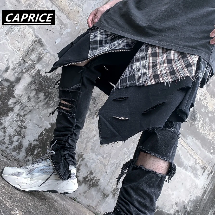 man Distressed Destroyed Holes Color Block Patchwork Pocket Long Sleeve Zipper Plaid Shirt Hip Hop Streetwear Dress Shirts tops