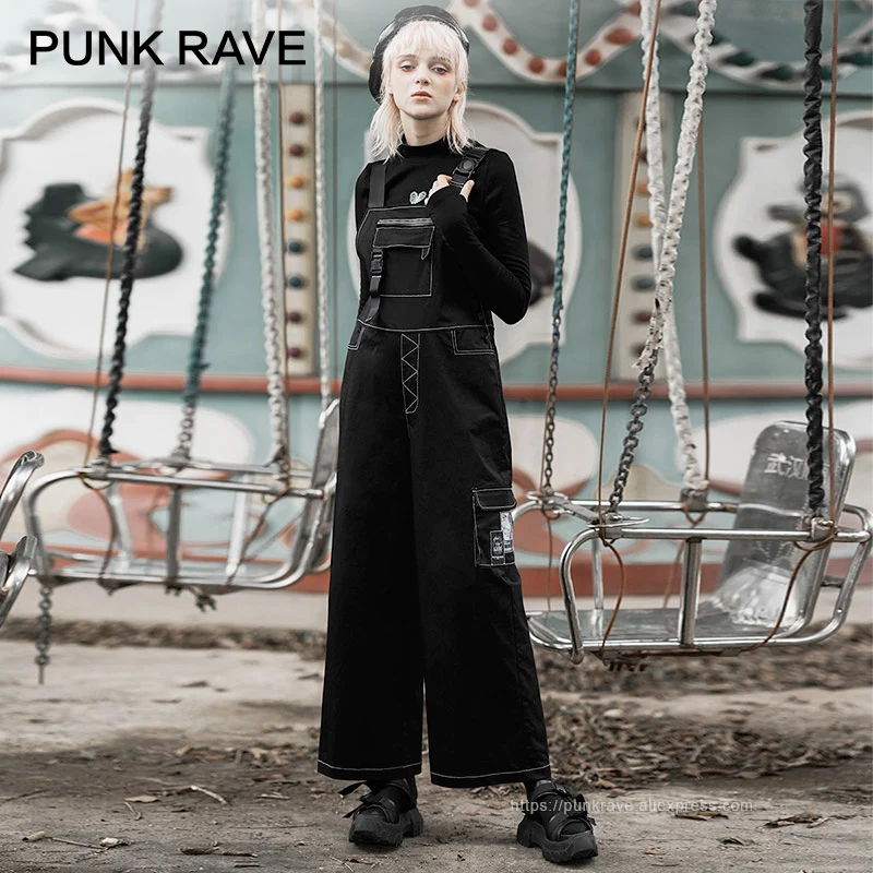 Панк рейв девушки Готический прямой свободные подтяжки карго с карманами брюки черные женские комбинезоны