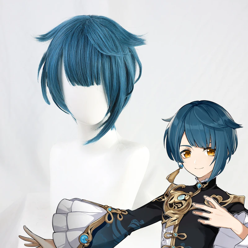 Genshin Impact Xingqiu Xing Qiu Cosplay Wig Blue Short Heat Resistant Synthetic Hair Adult Men Women Halloween Cosplay greek goddess costume