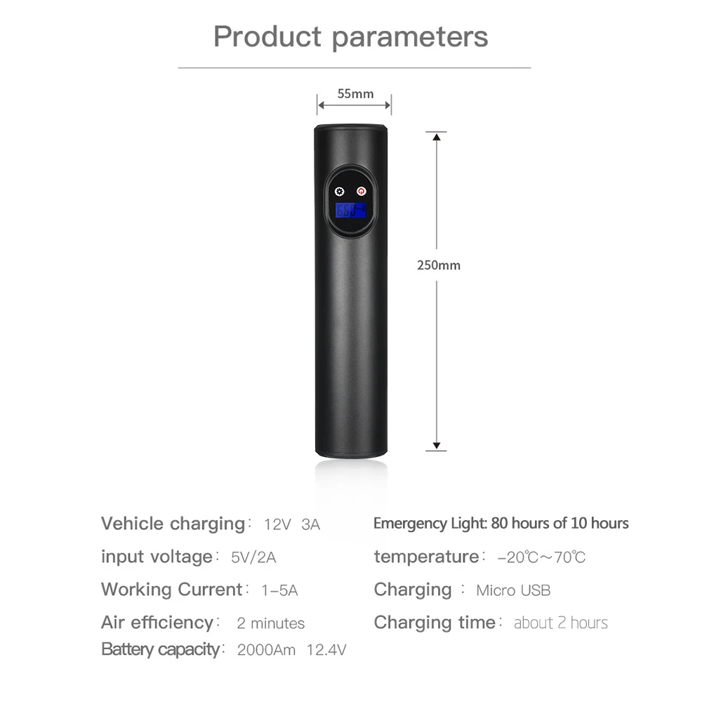 

Hot Portable Digital Cordless 2000mAh 12V AC DC Electric Tire Air Pump Mini Air Compressor Inflator with LED Light