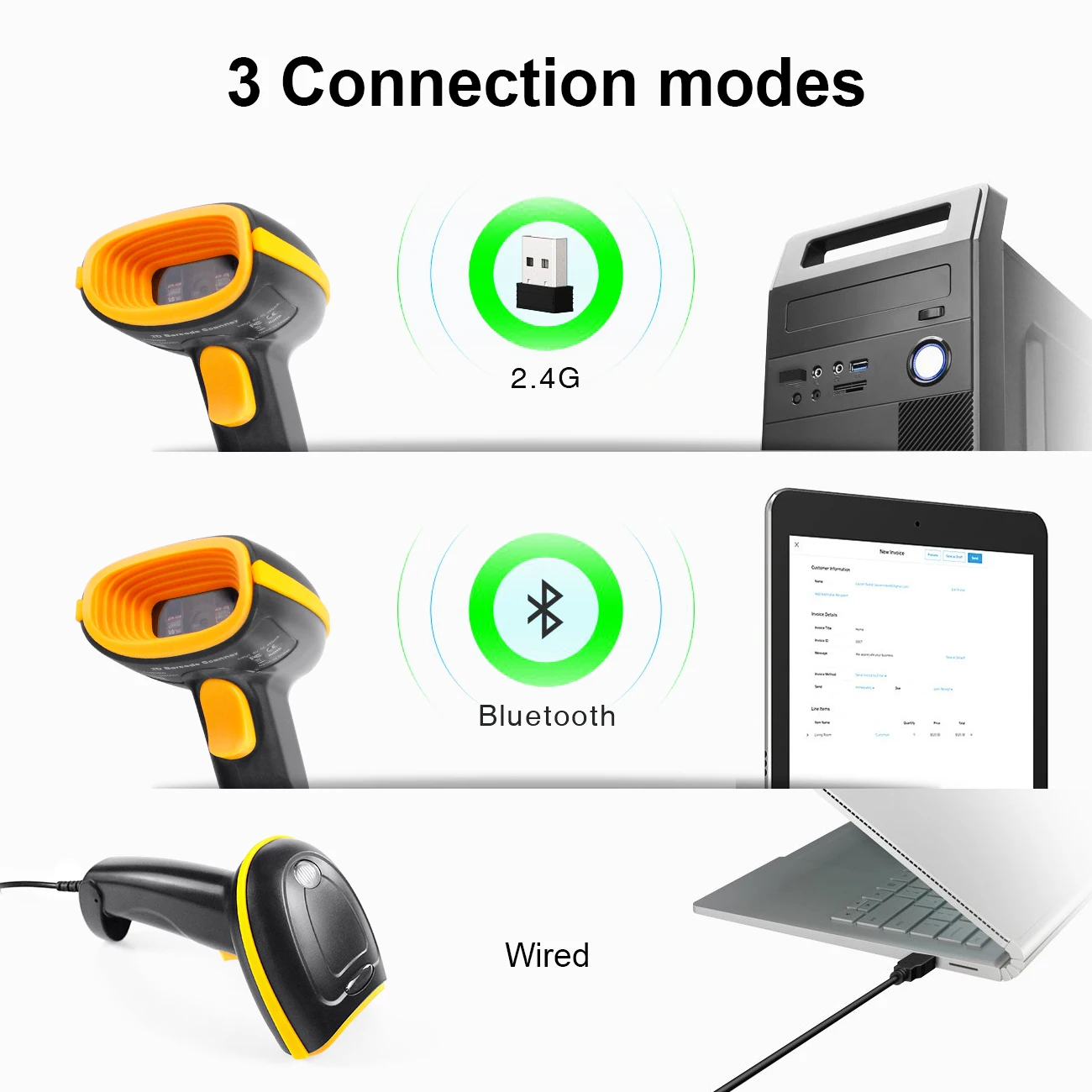 H1W беспроводной 2D сканер штрих-кода и H2WB Bluetooth 1D/2D QR считыватель штрих-кода Sopport мобильный телефон iPad ручной сканер