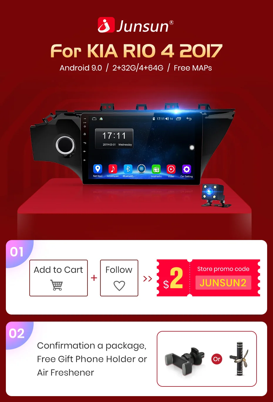 Junsun V1 2G+ 32G Android 9,0 DSP автомобильный Радио Мультимедиа Видео плеер для KIA RIO 4 2 din DVD gps-навигация с rds
