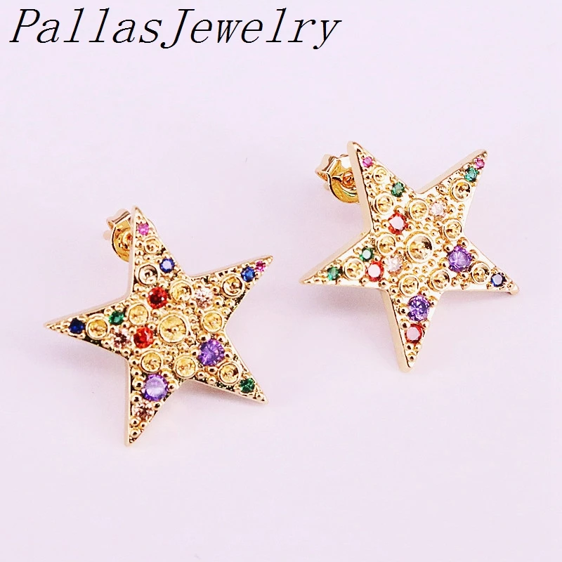 10 пар радужных фианитов кубического циркония микро проложить Шарм Звезда Серьги-кольца, модные ювелирные украшения золотого цвета шпильки