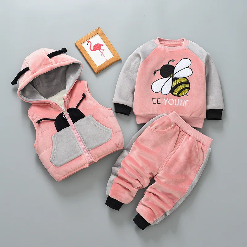 Pink2 Животное происхождение детский зимний набор Костюмы комплект с бархатным подкладом, с мультяшными героями, 3 шт./компл. пуловер+ жилет с капюшоном+ штаны, теплая одежда костюм От 1 до 4 лет - Цвет: Pink2