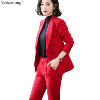 

Fashion 2019 Fall Winter Red Black Pant Suits Triple Breasted Blazers Jackets Coat and Pant Two Piece Sets Suit