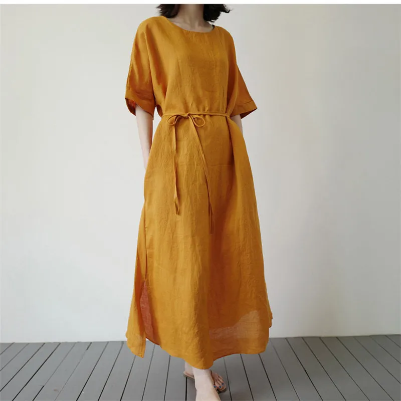 Johnature Summer Clothes New Linen Tie Plus Size Long Dresses