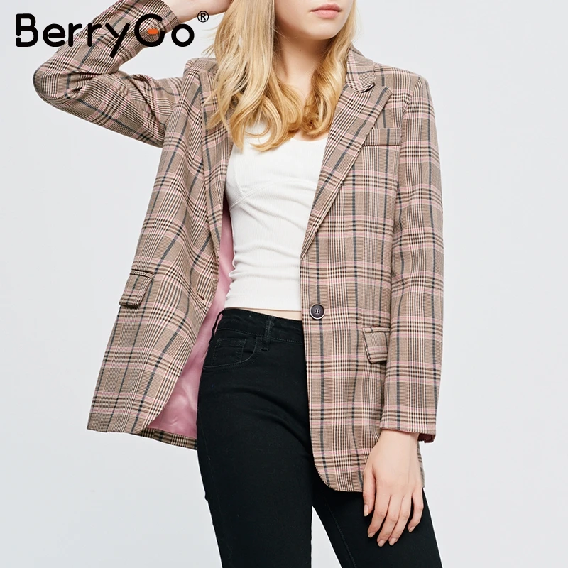 BerryGo плед длинный рукав женский пиджак пальто осенний офисный Блейзер Куртка