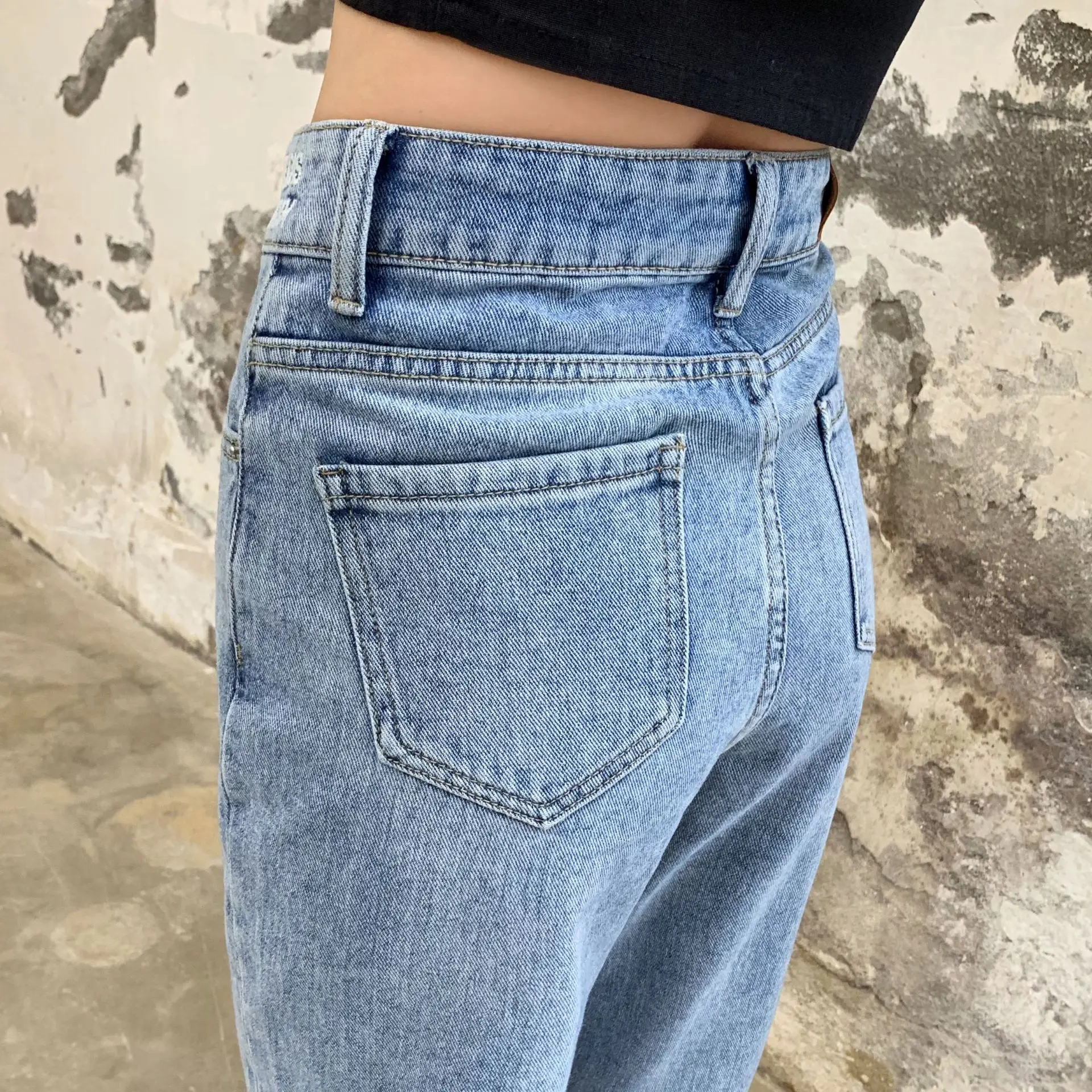 FX средняя талия вышитые алфавитные цветные джинсовые укороченные брюки женские были тонкие дикие зауженные брюки