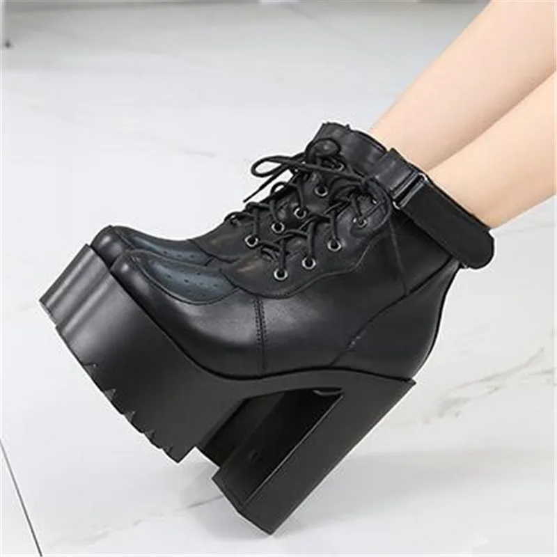 

Autumn Winter Lace Up Cross Tied Platform High Heels Ankle Boots for Women White Black Block Heel Shoes Punk Gothic Combat Boot