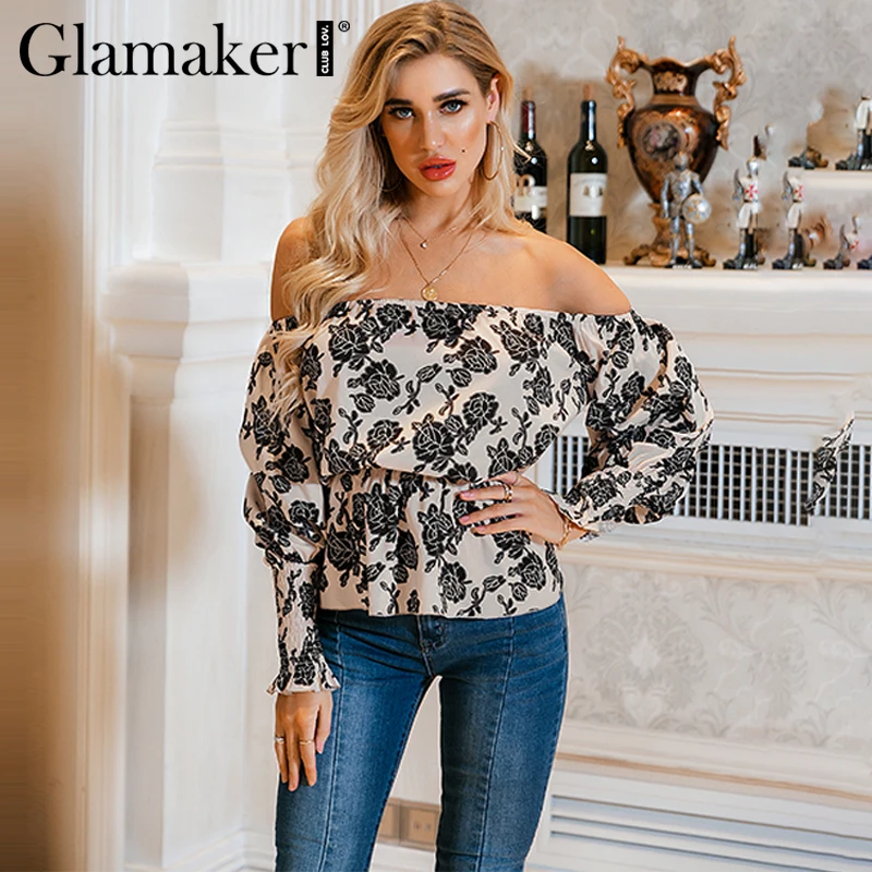 Glamaker женская блузка с открытыми плечами, рубашка с рюшами, винтажный черный цветочный принт, женские блузки, Уличная Повседневная Блузка с длинным рукавом