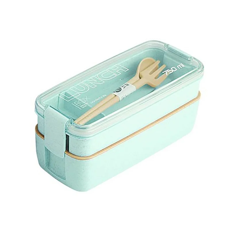 Portable Square Lunch Box Concise Double Layer Plastic Lunch BoxWith Folk Spoon Microwave Pink Green Lunch Box