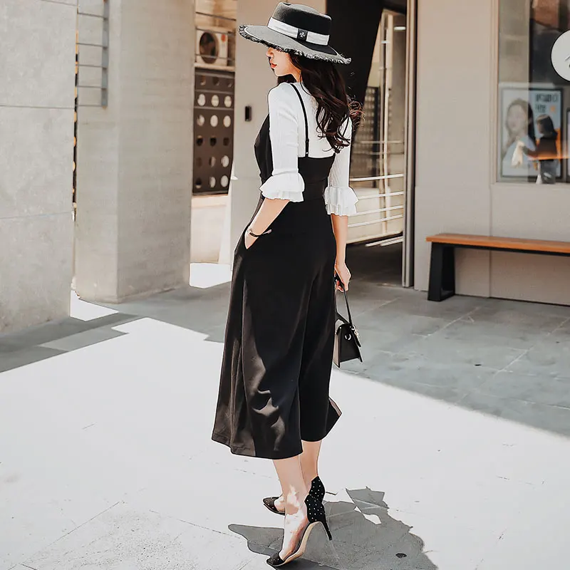 

Dabuwawa Deep V-Neck Overall Pants Women High Waist Sleeveless Fit and Flare Elegant Loose Trousers Office Lady D18CRT002
