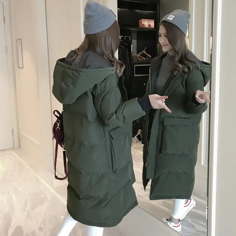 Oversize Down Cotton Coat Female Parka Loose Long Winter Jacket Women Clothing Pockets Student Hooded Jackets Women Padded Q2050