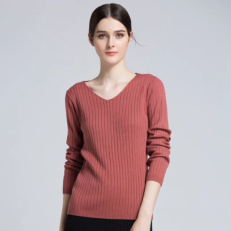 

CHRLEISURE V-neck Sweater woman Slim Solid Long sleeve Sweaters feminine Casual splice Acrylic Sweater Autumn winter