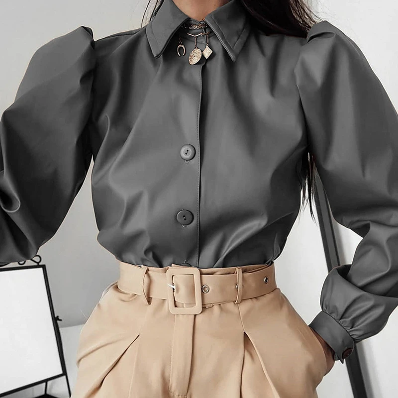  Matte Faux Leather Blouse Ladies Office Shirts Vintage Puff Sleeve Womens Tops And Blouses White Bl