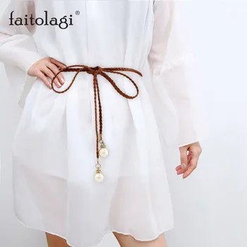 

Summer Sweet Pearl Women Belt Hemp Rope Braid Ladies Dress Belts White Black Female Waistband ceinture femme
