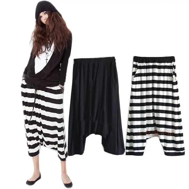 Summer Thin Striped Patchwork Cross-Pants Women's Cropped Pants Off-Crotch Pants Streetwear Trousers Loose Saggy Pants Woman