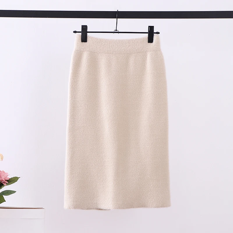 Женская вязаная юбка из синтетического норка и кашемира на осень и зиму, Корейская шикарная юбка с разрезом сзади, юбка-карандаш с высокой талией, женские юбки s rokjes