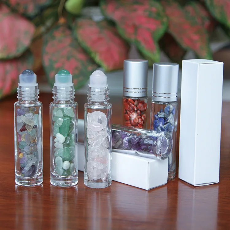 10ml Essential Oil Bottles Roll On Roller Ball Healing Crystal Chips Semiprecious Stones Bottles Refillable Bottle bamboo cap