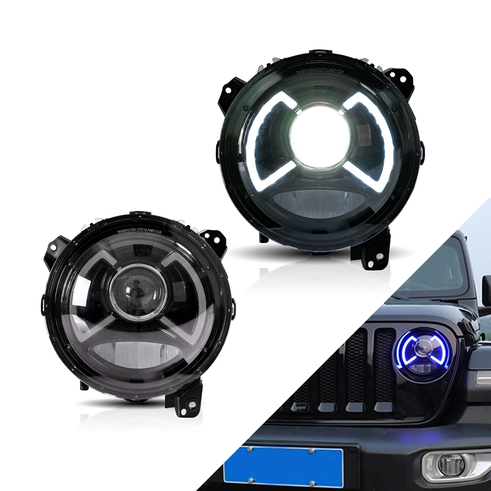VLAND Car Styling Headlight For Jeep Wrangler 2018-2019 Full LED DRL Dual Beam Lens+welcome light with blue Front Lamp Assembly |