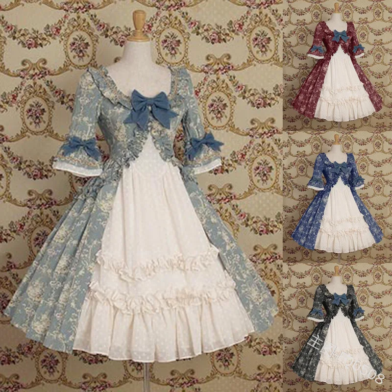 

Vintage sweet lolita dress cute bowknot printing o-neck high waist patchwork victorian dress kawaii girl gothic lolita op cos