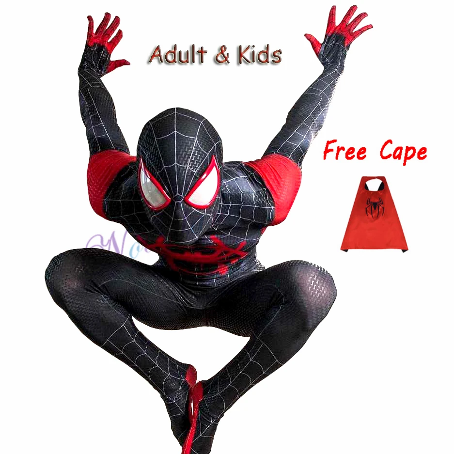 

New 2019 Adult Kids Spider-Man Into the Spider-Verse Miles Morales Cosplay Costume Zentai Spiderman Black Bodysuit Suit Jumpsuit