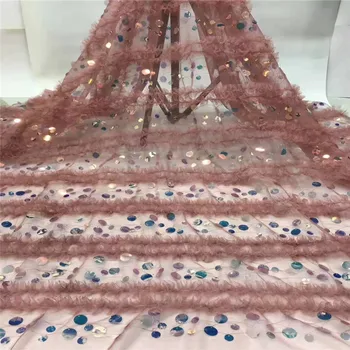 

French Net Lace Fabric 2019 Latest African Guipure Lace Fabric With Embroidery Mesh Tulle White Cord Sequins Lace Fabric Peach