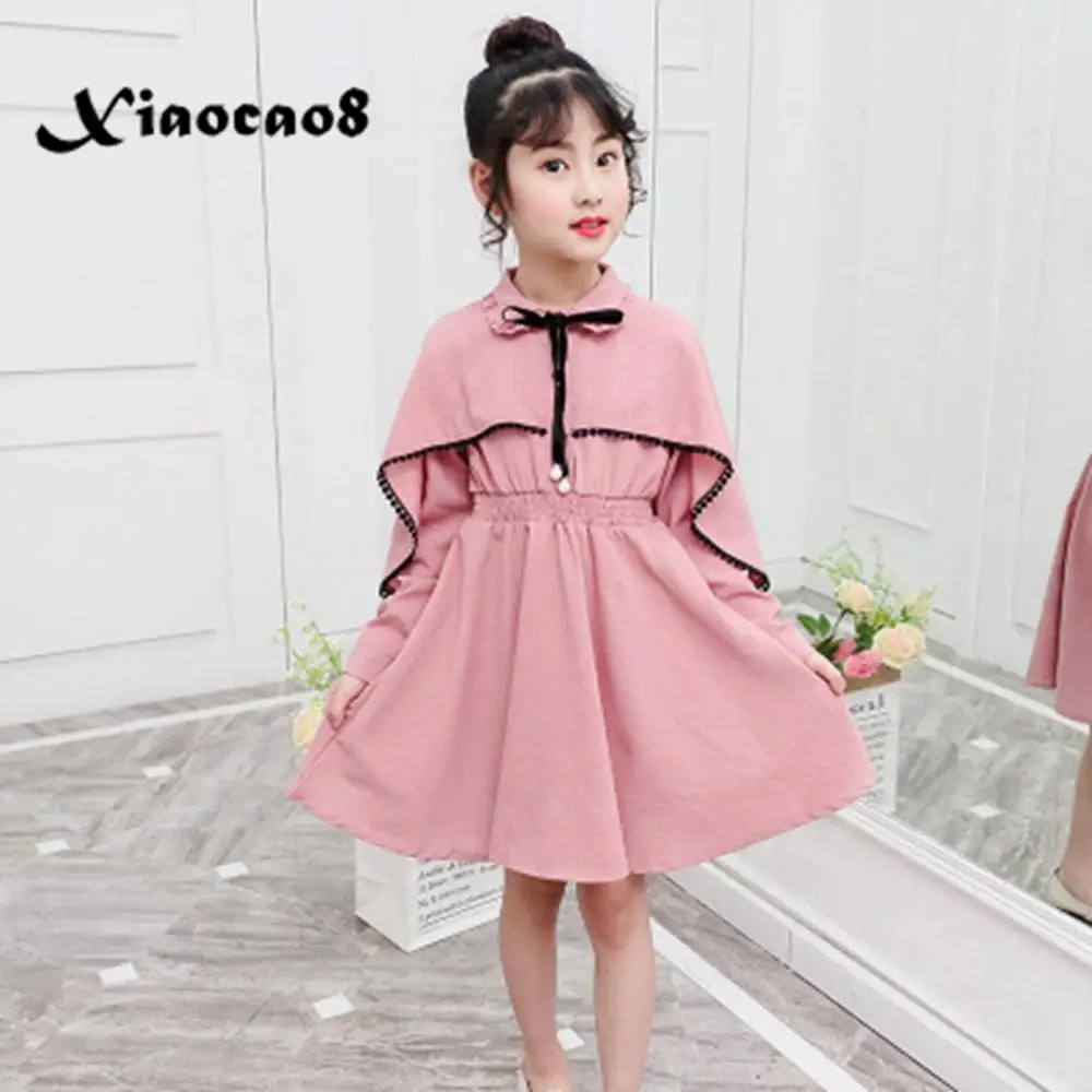 

Spring kids solid dresses for girls long sleeve pearl bow princess dress children elegant pink party dress girls autumn clothes