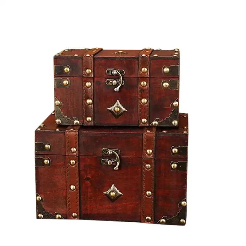Retro Treasure Chest with Lock Vintage Wooden Storage Box Antique Style