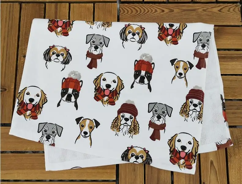 70x45cm Puppy Printed Tea Towel Napkin Dish Towel Soft Absorbent Kitchen Clearing Cloth Cotton Christmas