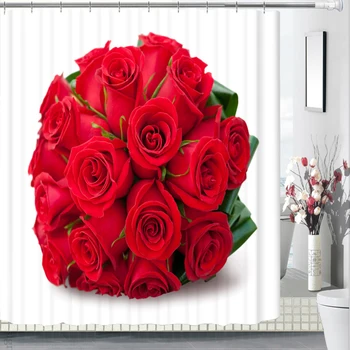 

DIY Printed Shower Curtains Big Bunch of Red Roses Pattern Waterproof Bath Curtain Thicken Fabrics With Hooks Bathroom Products