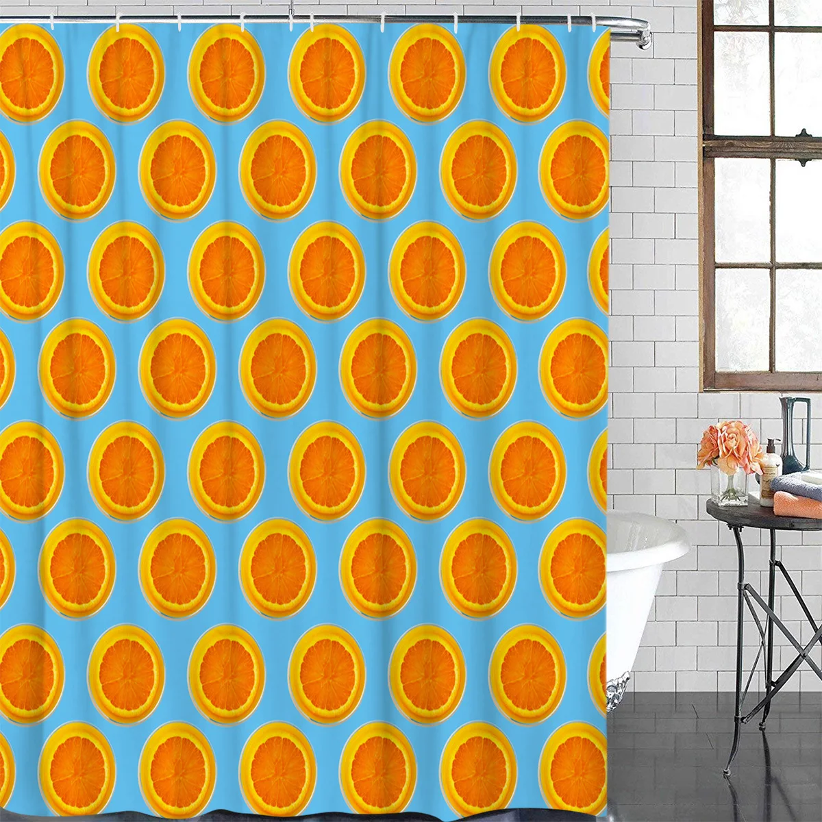 Simple Orange Blue Summer Style New Waterproof Shower Curtain with Hook