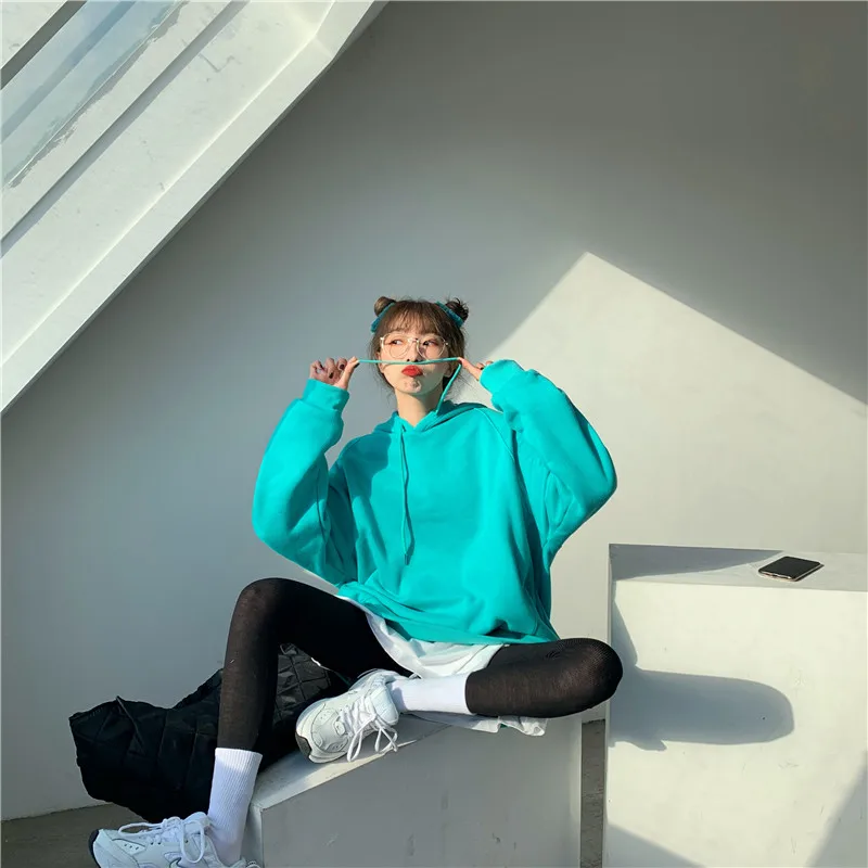 63138 hoodies green 7 цветов, Осень-зима, корейский стиль, женская одноцветная Базовая теплая плотная толстовка, женские пуловеры с круглым вырезом/толстовки(w63130 - Цвет: 63138 hoodies green