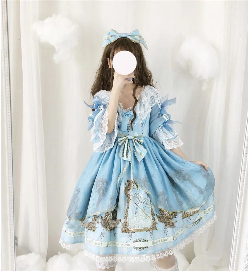 light blue dress Платье в викторианском стиле с рукавами-крылышками и высокой талией; платье для косплея в готическом стиле Лолиты; 5 цветов; ; стиль - Цвет: light blue dress